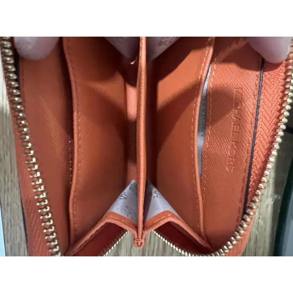 Michael Kors Pebble Leather Zip Card Holder Orange Gold Accents Preppy Summer